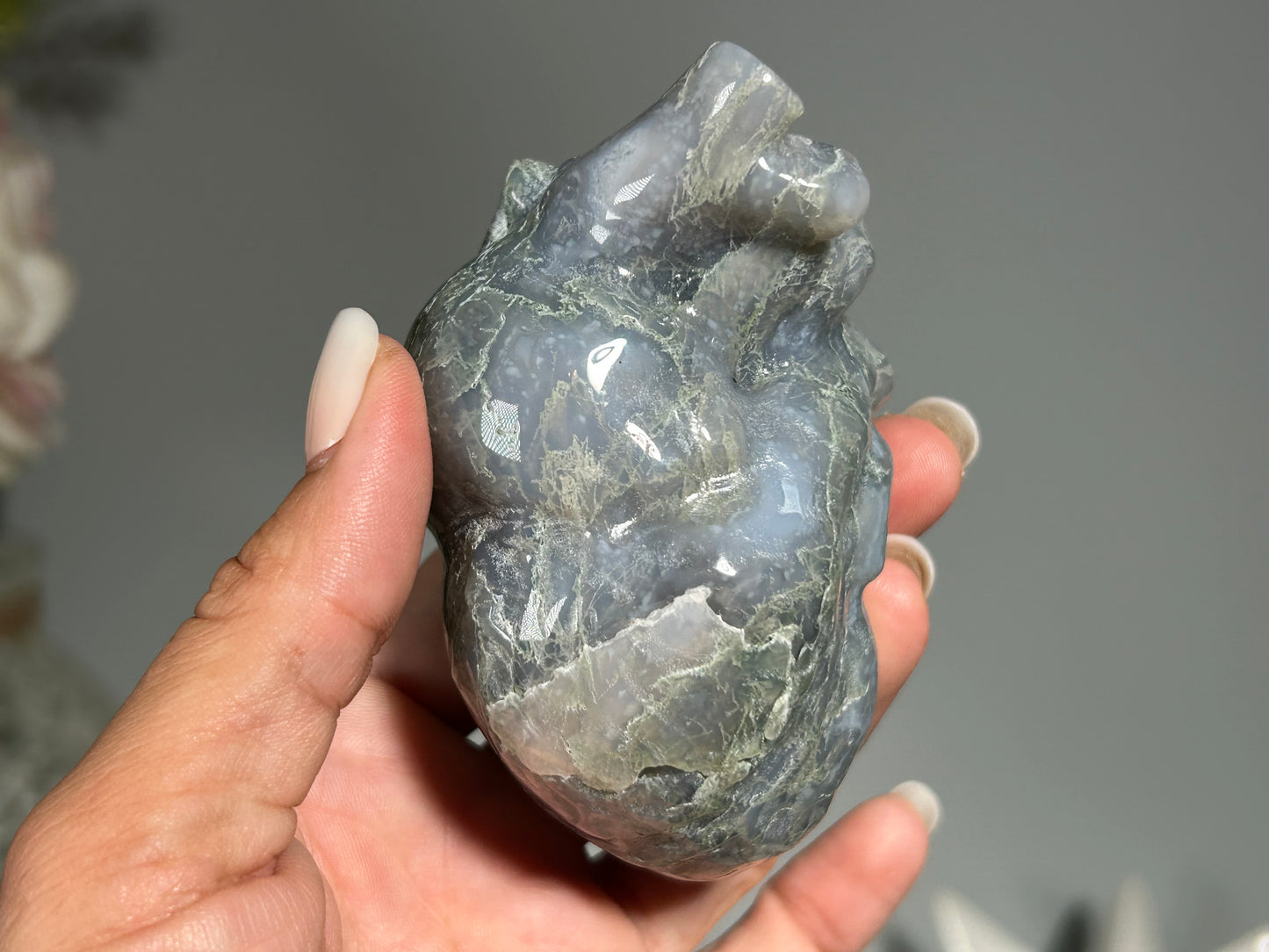 Moss Agate Anatomical Heart (3.4", 88mm)