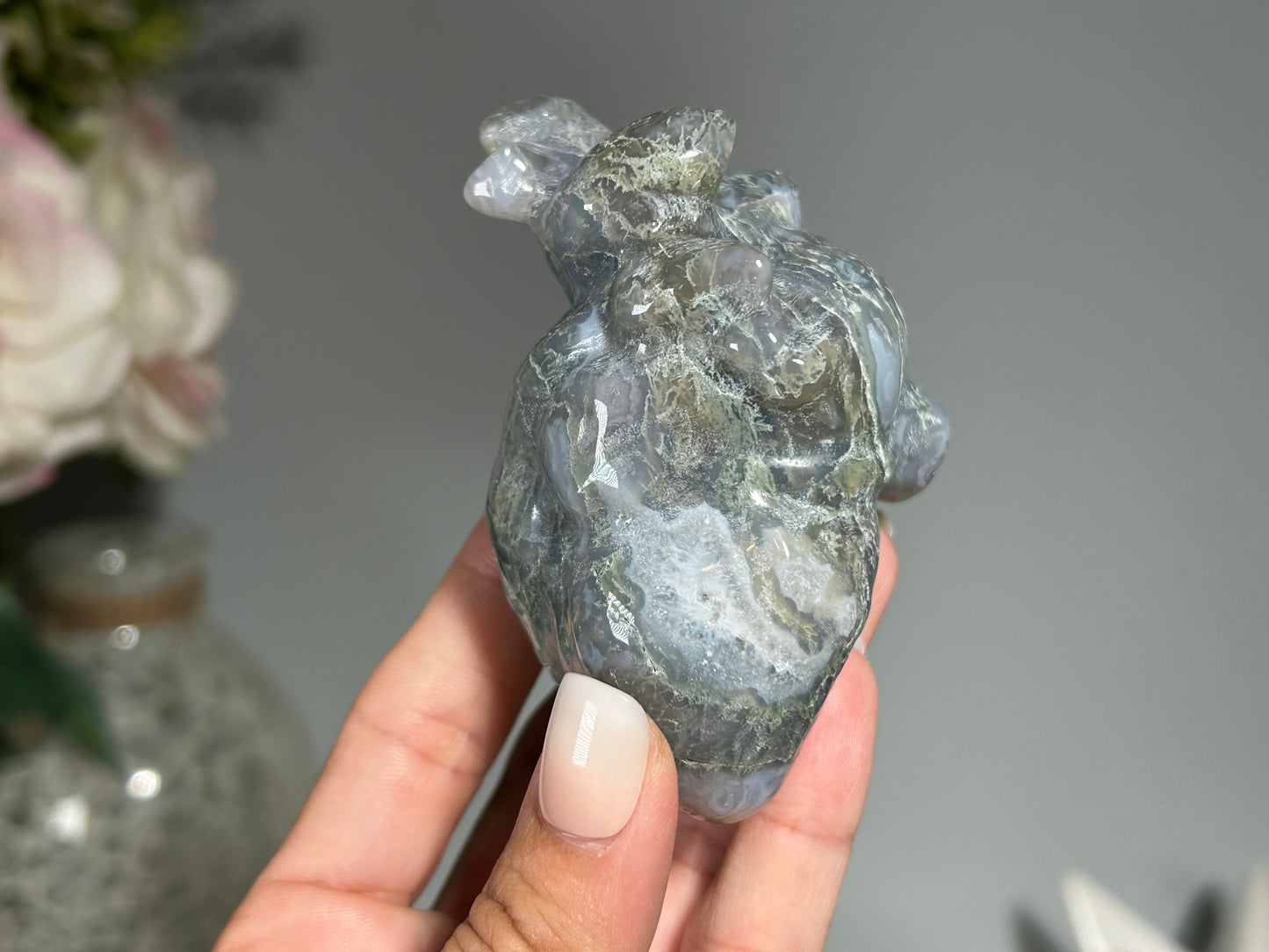 Moss Agate Anatomical Heart (3.4", 88mm)