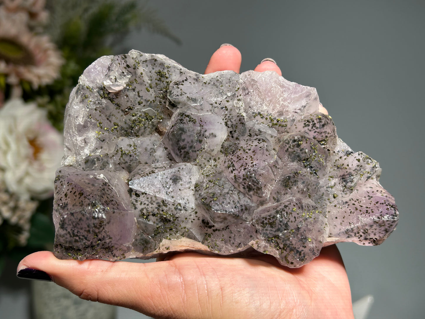 Epidote on Amethyst (5.4", 134mm)