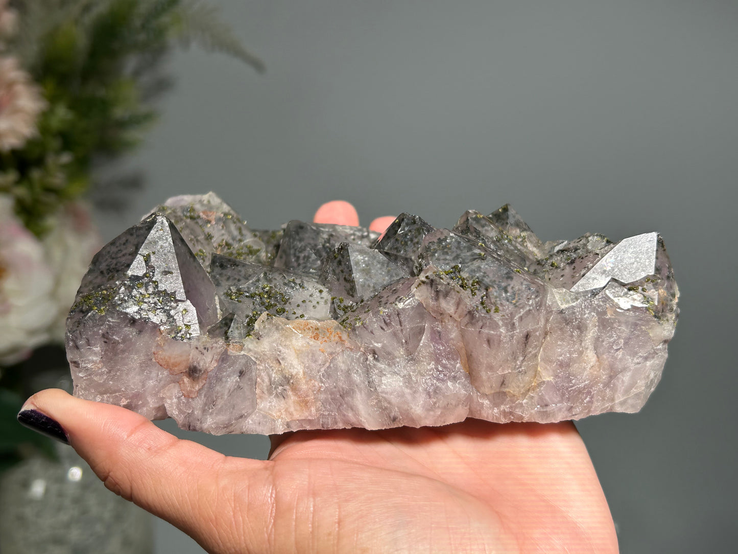 Epidote on Amethyst (5.4", 134mm)