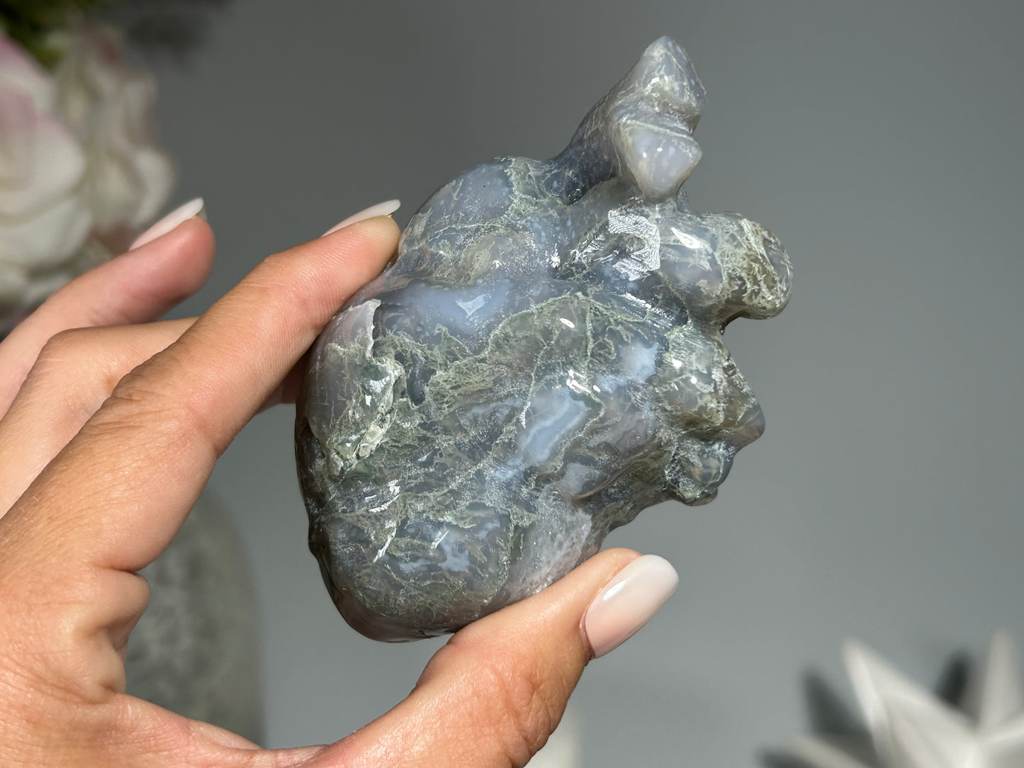 Moss Agate Anatomical Heart (3.4", 88mm)