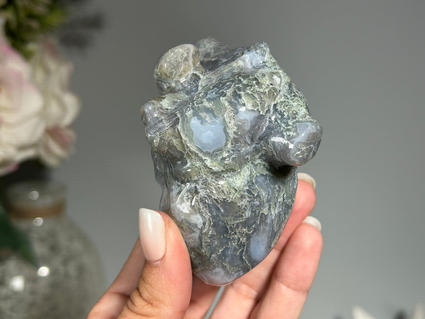 Moss Agate Anatomical Heart (3.4", 88mm)
