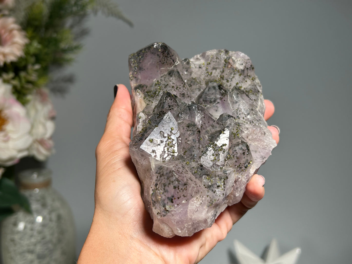 Epidote on Amethyst (5.4", 134mm)