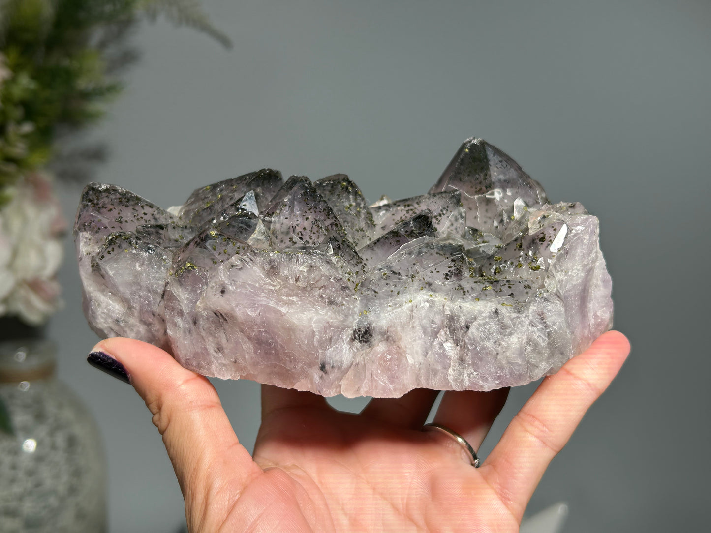 Epidote on Amethyst (5.4", 134mm)