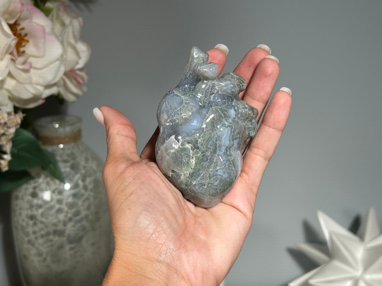 Moss Agate Anatomical Heart (3.4", 88mm)
