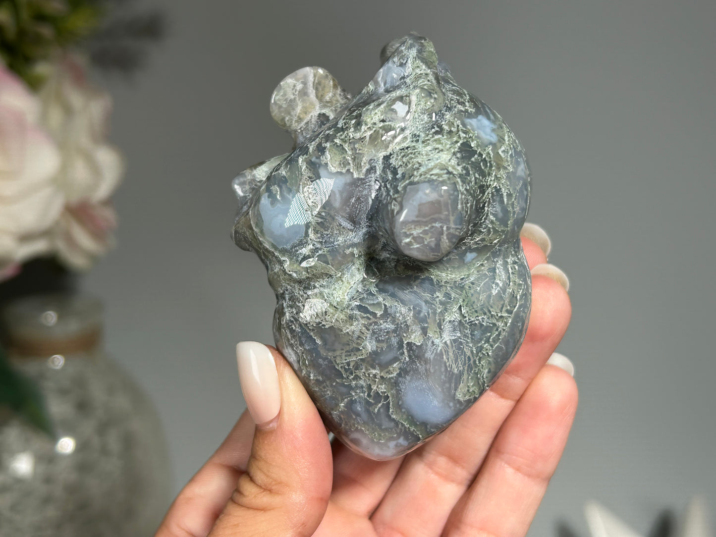 Moss Agate Anatomical Heart (3.4", 88mm)