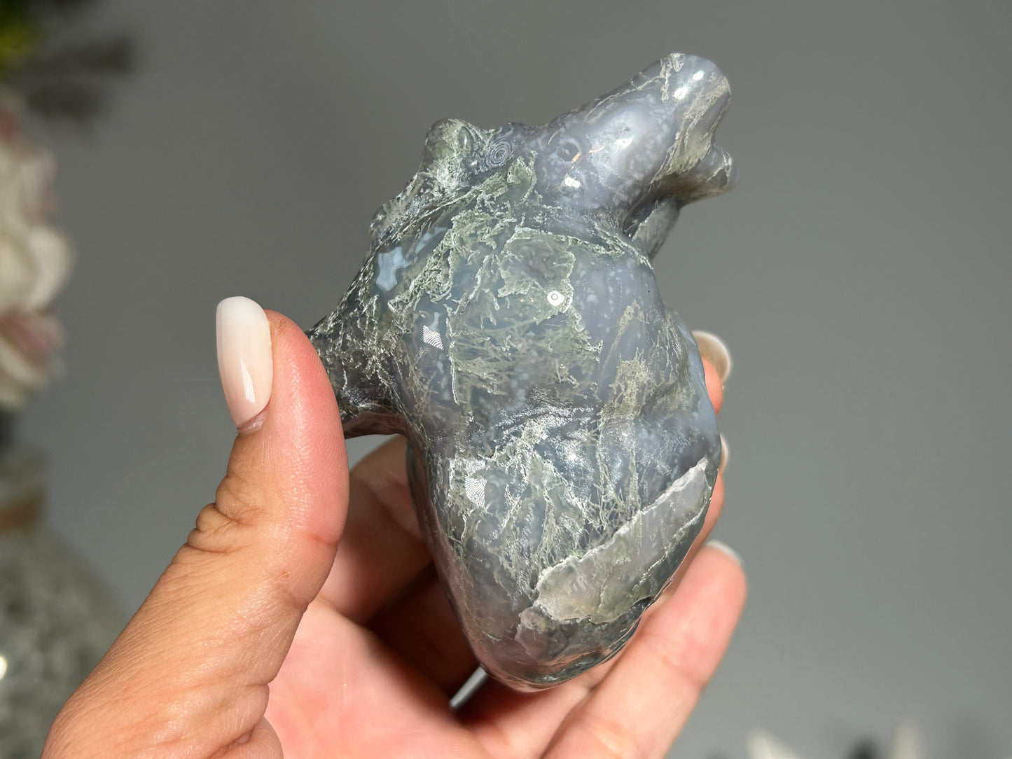 Moss Agate Anatomical Heart (3.4", 88mm)