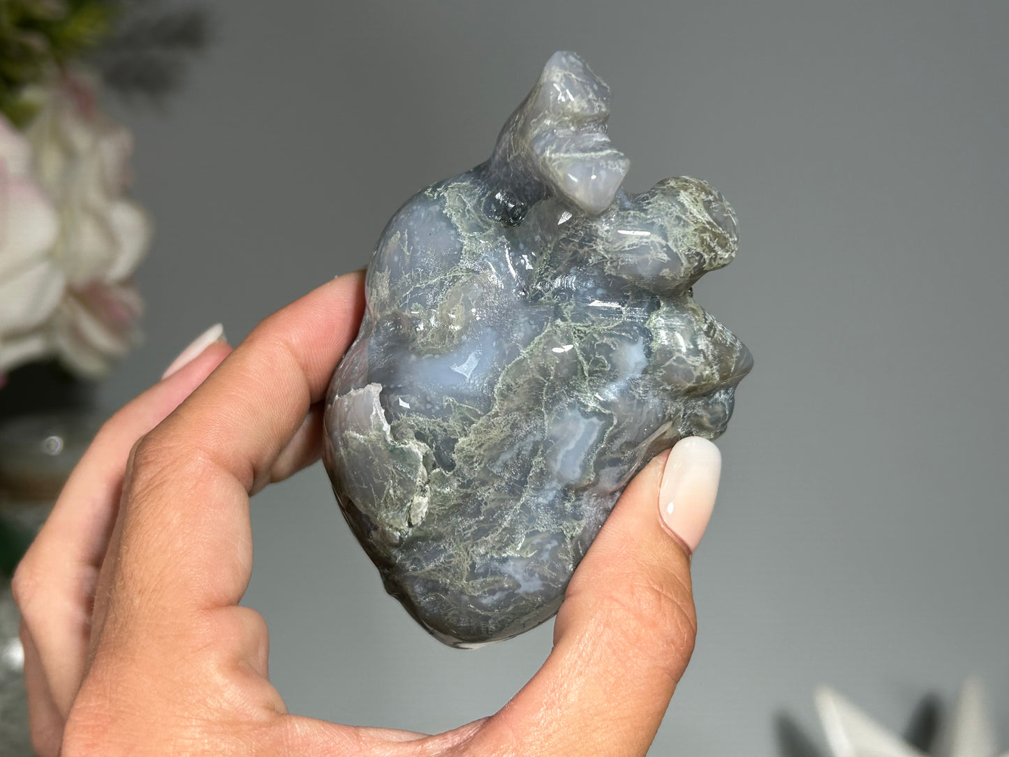 Moss Agate Anatomical Heart (3.4", 88mm)