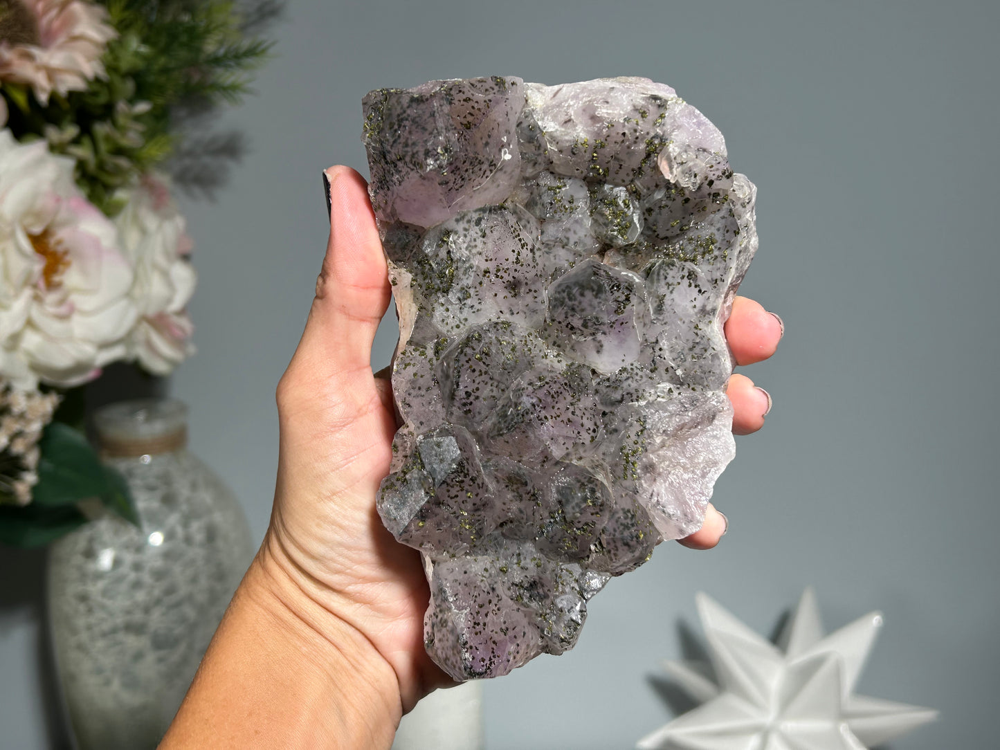 Epidote on Amethyst (5.4", 134mm)