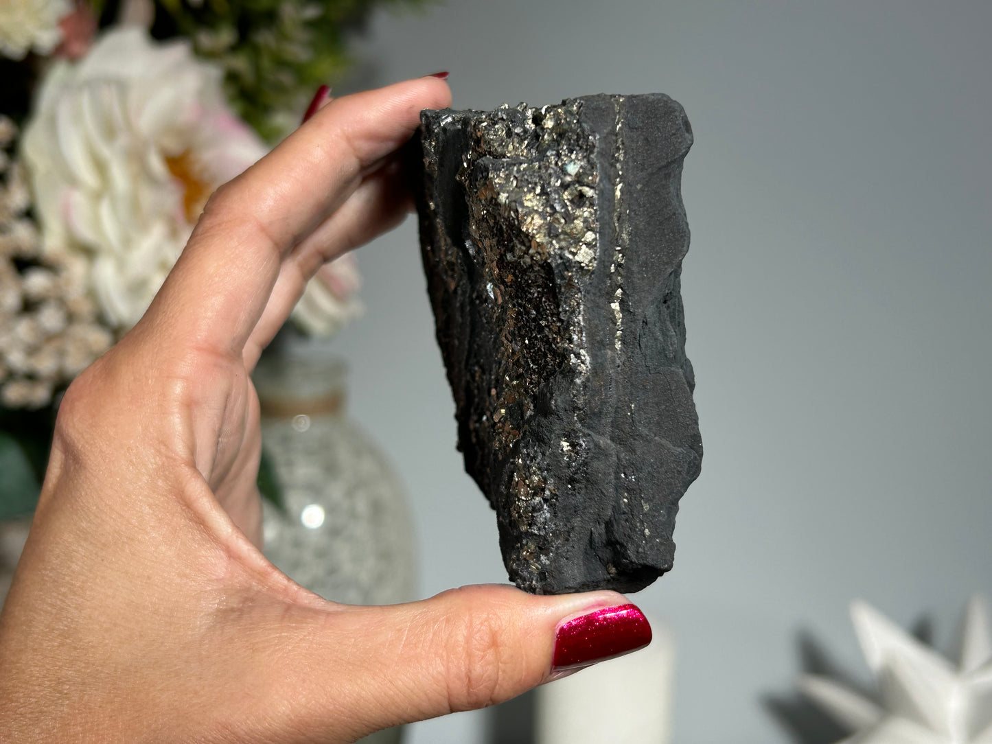 Pyrite on Shungite (3", 77mm)