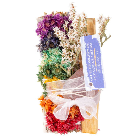 Sage w/ 7 Chakra Flowers, Palo Santo, & Gemstone Smudge Kits: Rose Quartz