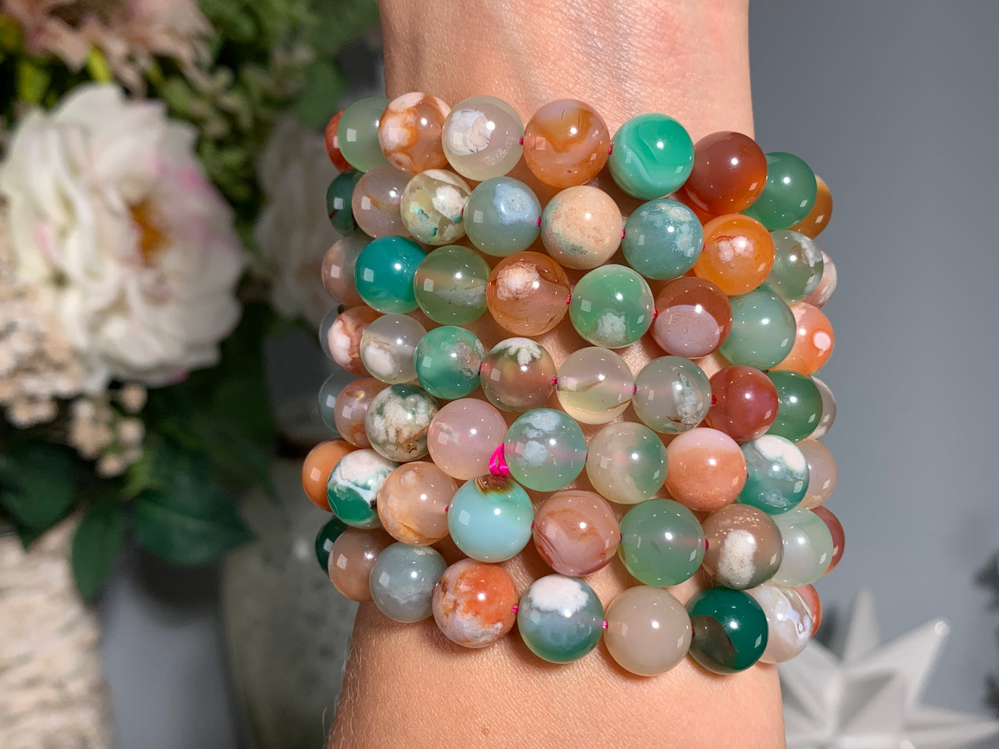 10mm Green Flower Agate Bracelet