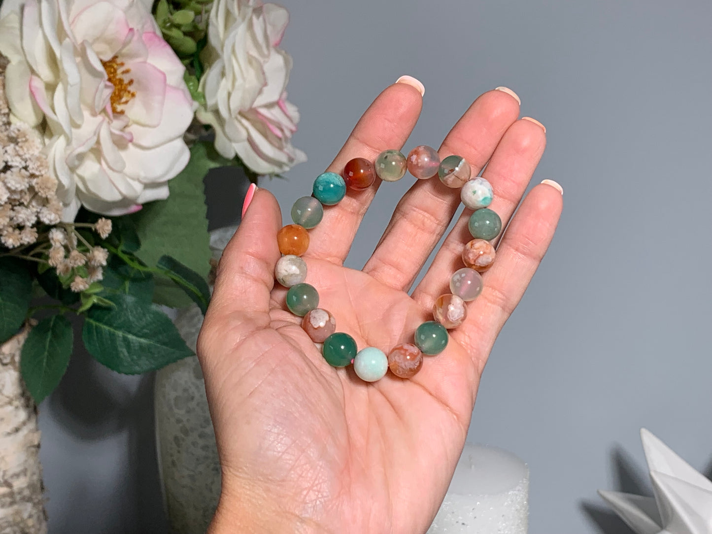 10mm Green Flower Agate Bracelet