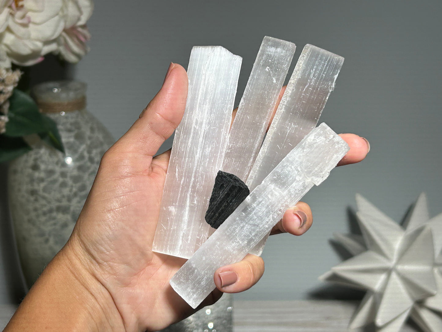Home Protection Kit (4pc 4" Selenite Stick & 1pc Black Tourmaline)