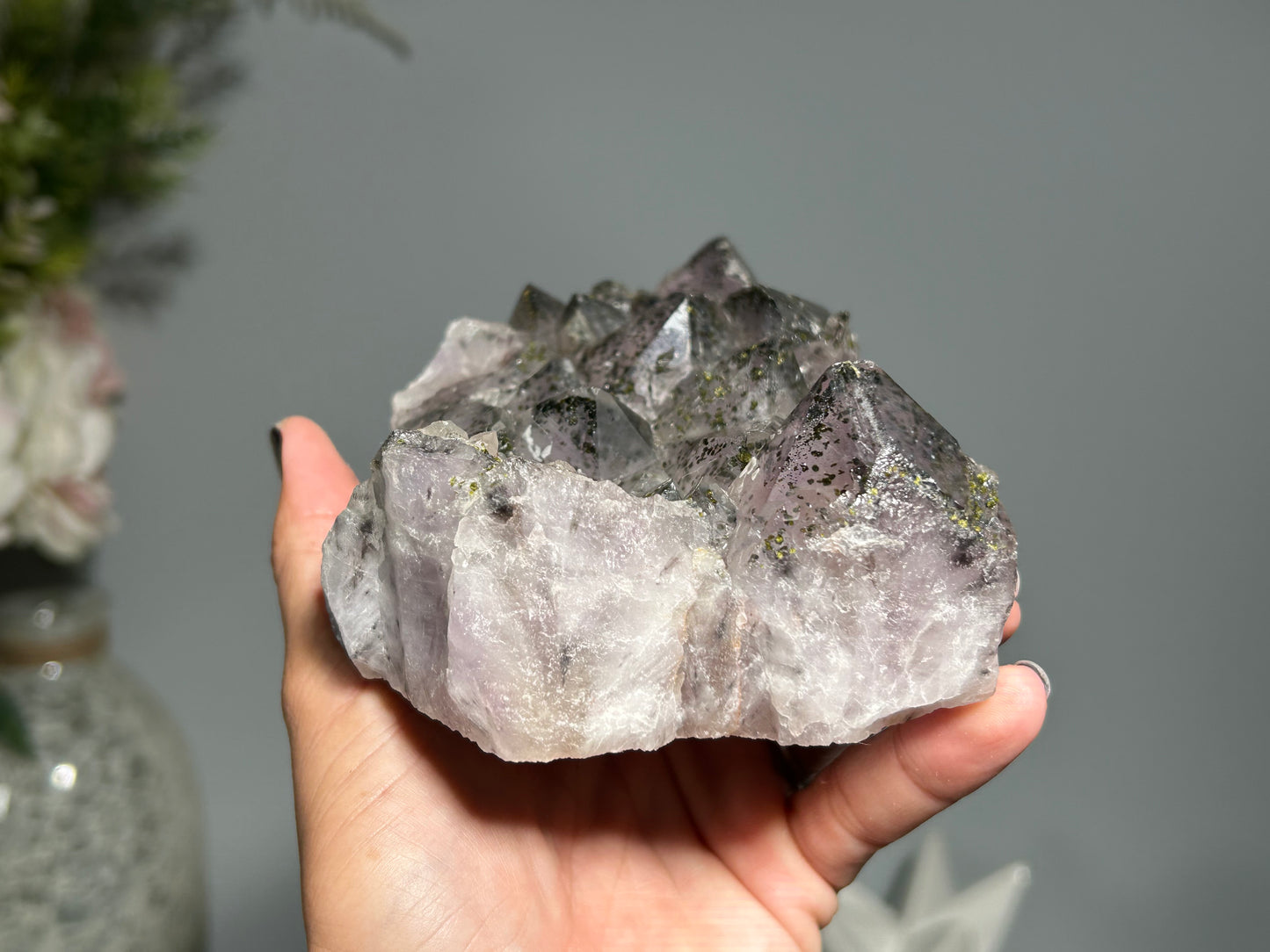 Epidote on Amethyst (5.4", 134mm)
