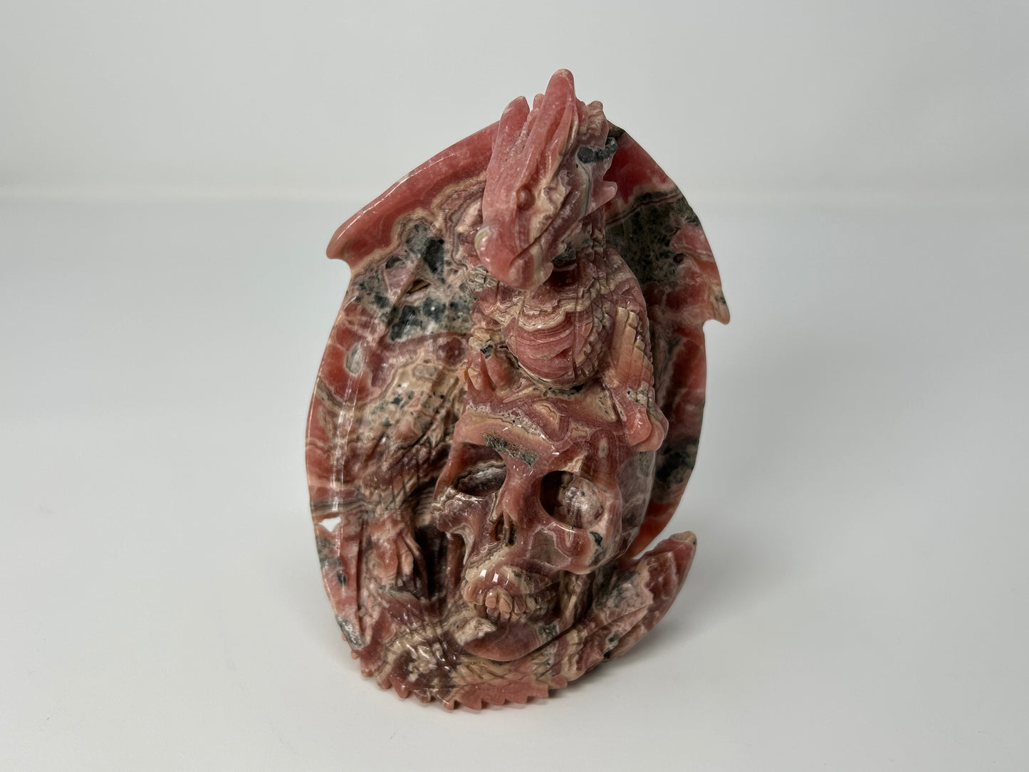 Rhodochrosite Skull with Dragon (5", 127mm)