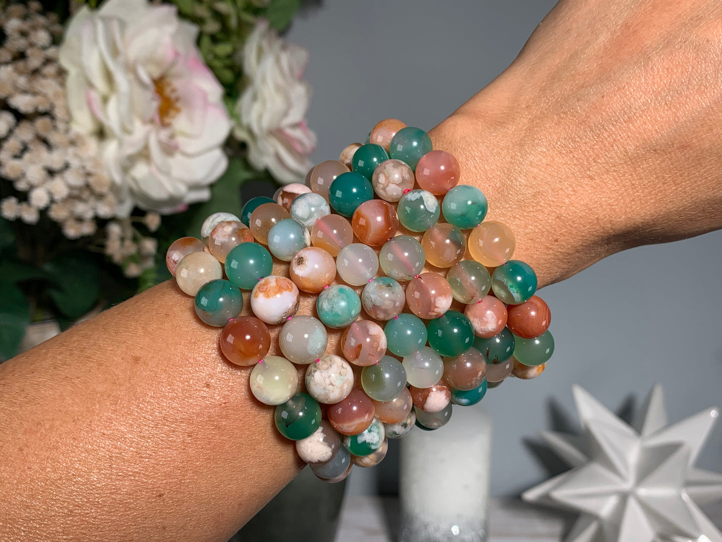 10mm Green Flower Agate Bracelet