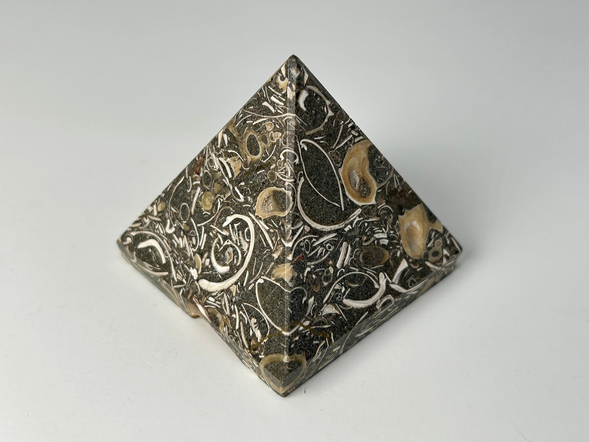 Ancient Turritella Agate Pyramid with decorative patterns on a gray background