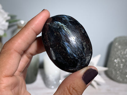Anthophyllite in Eudialyte with Pyrite Palm Stone Crystal against a white gray floral background