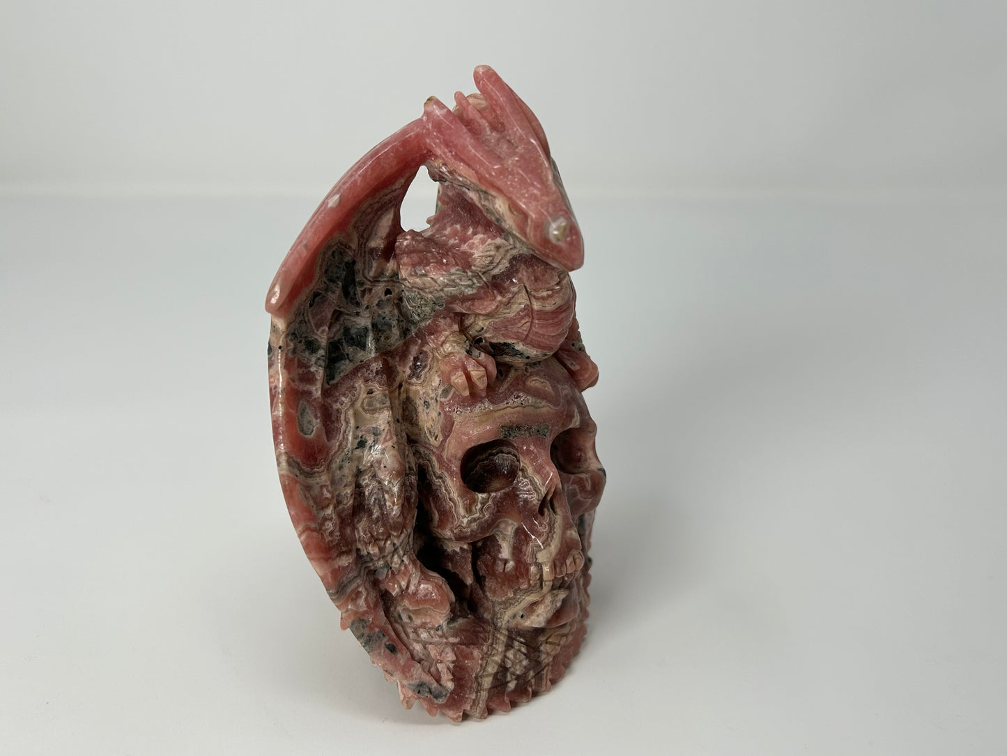 Rhodochrosite Skull with Dragon (5", 127mm)
