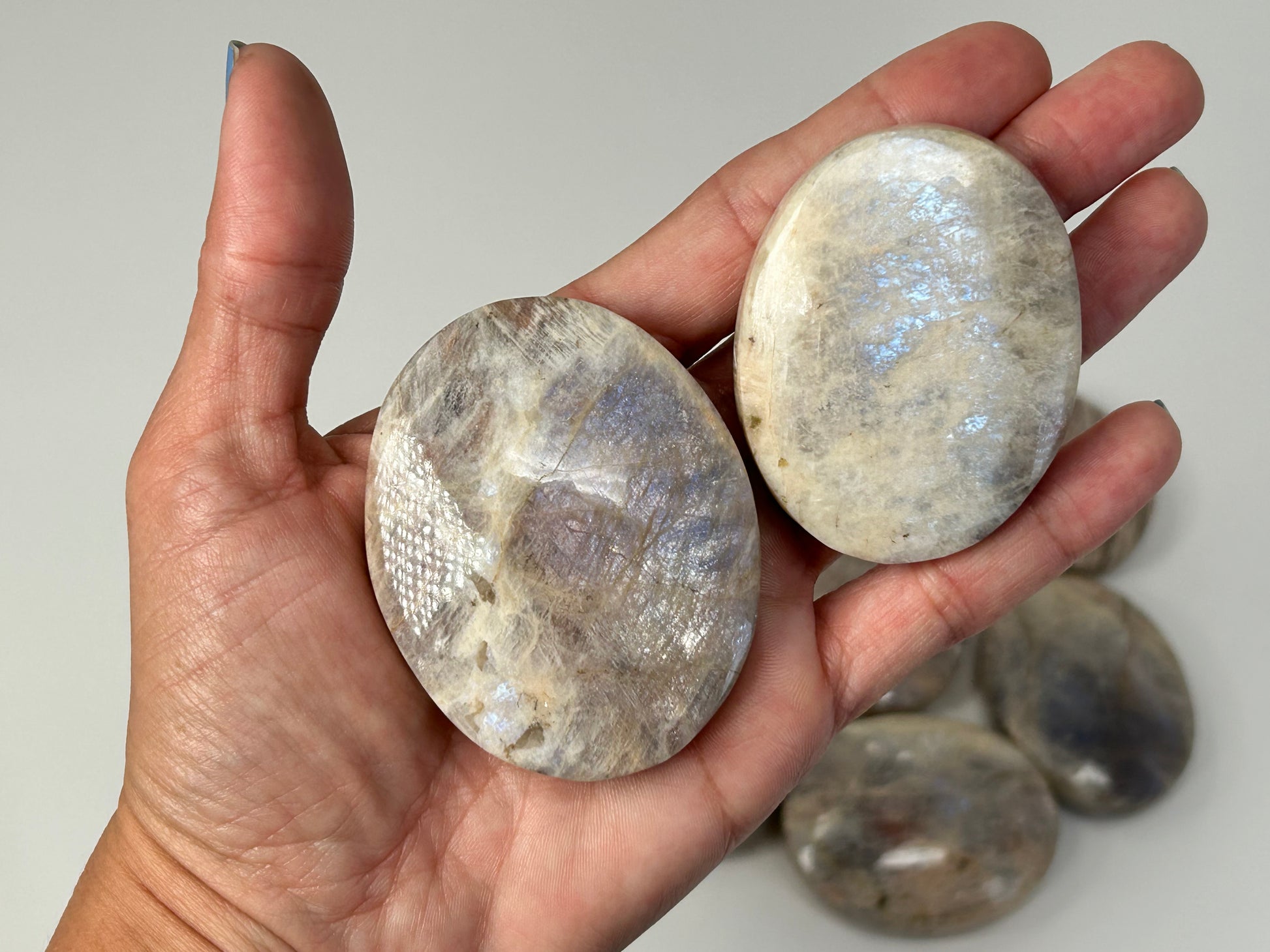 Hand holding two polished Blue Moonstone with Sunstone Palm Stones with a light gray background