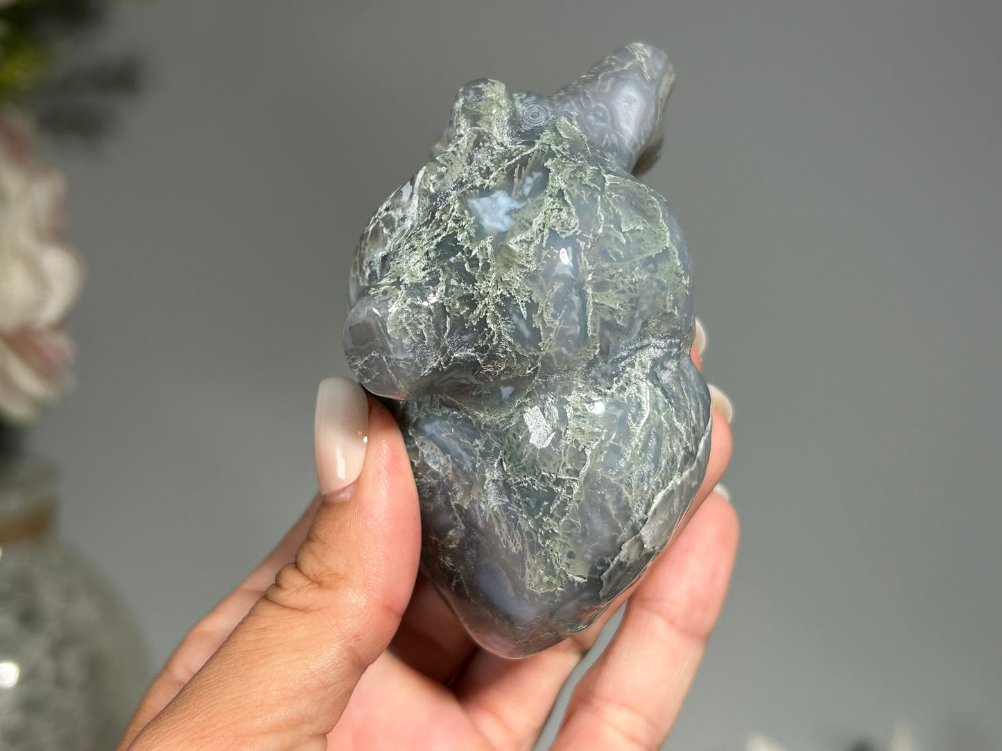 Moss Agate Anatomical Heart (3.4", 88mm)