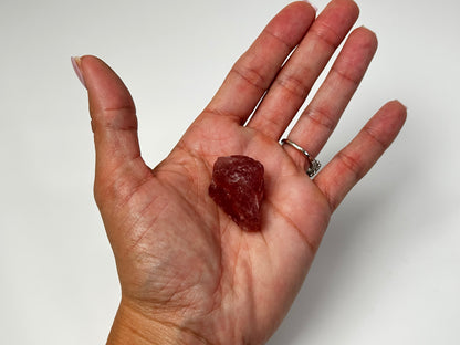 Hand holding Cherry Tanzurine Quartz with white background.