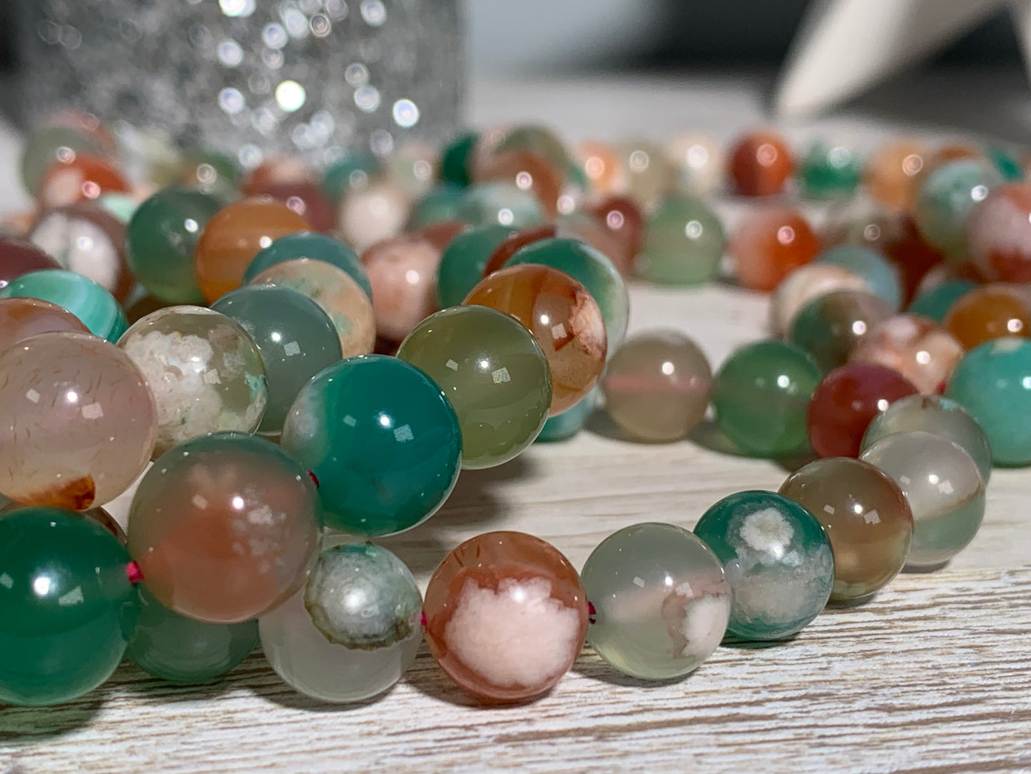 10mm Green Flower Agate Bracelet