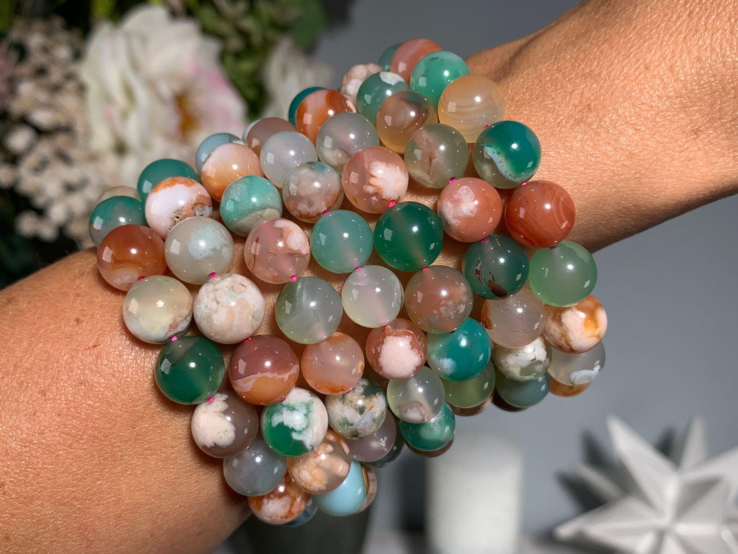 10mm Green Flower Agate Bracelet