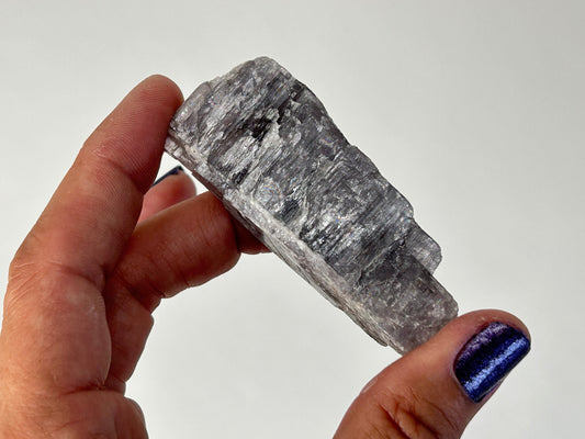 A hand holding a raw, rough gray Energized Natural Purple Anhydrite specimen against a plain light gray background.