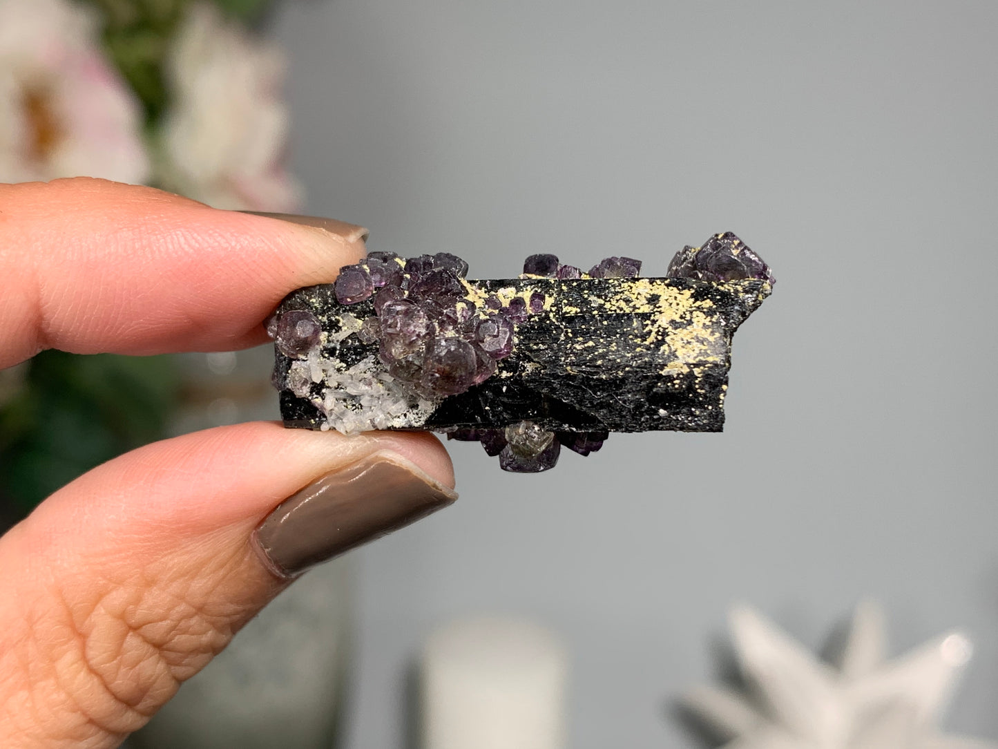 Natural Black Tourmaline with Fluorite Flowers (1.5", 38mm)