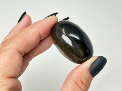 A hand with matte black fingernails holds a polished dark brown to black oval Gold Sheen Obsidian Shiva gemstone against a plain light gray background.