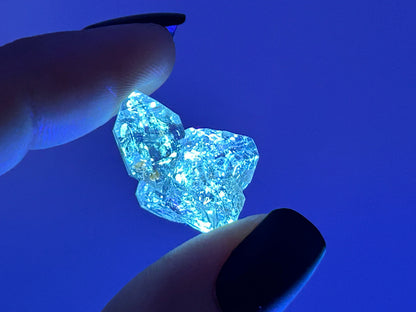 A close-up of a hand with black nail polish holding a glowing, translucent Hydrocarbon Petroleum Quartz crystal against a vivid blue background.