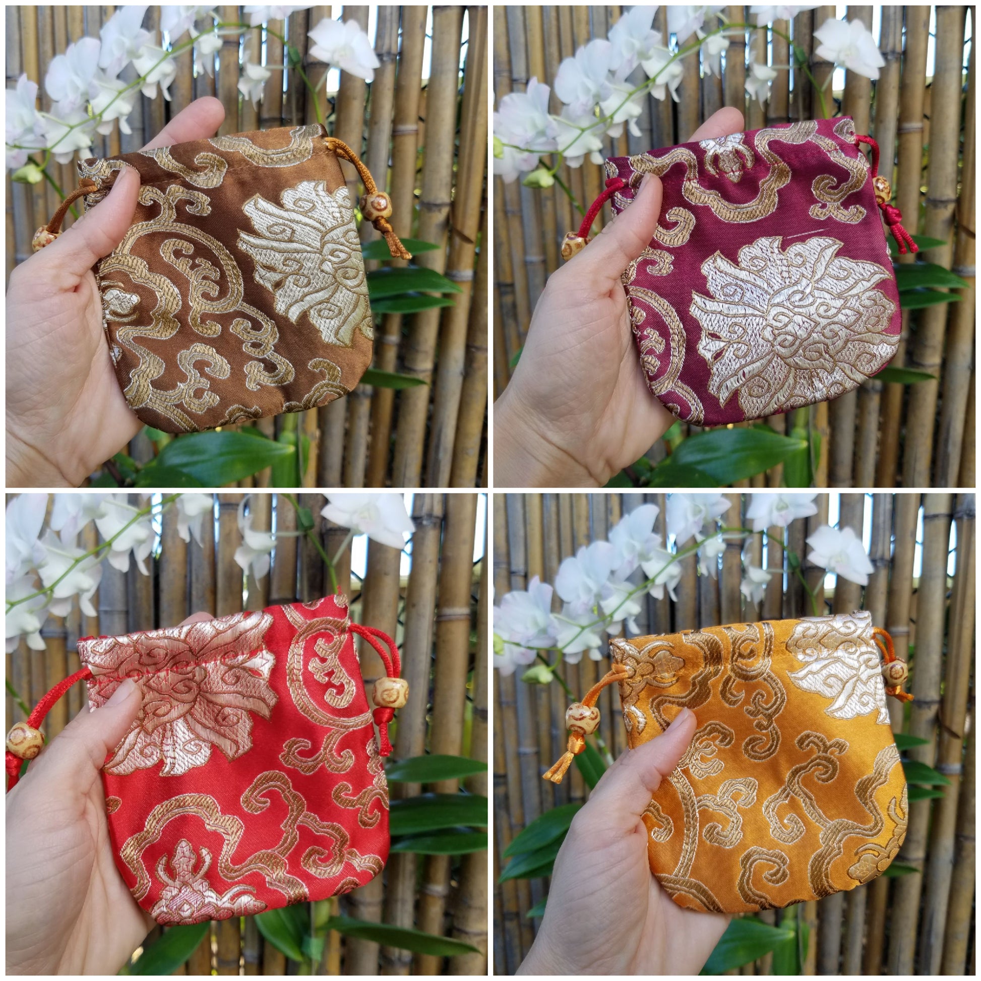 Hand holding Kids Mystery Crystal Bag-Childhood Memories Collection bags for natural grounding with bamboo and flower background