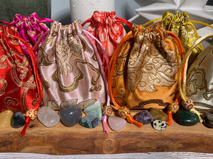 Kids Mystery Crystal Bag-Childhood Memories Collection for aura cleansing gemstone reiki energized with white gray floral background