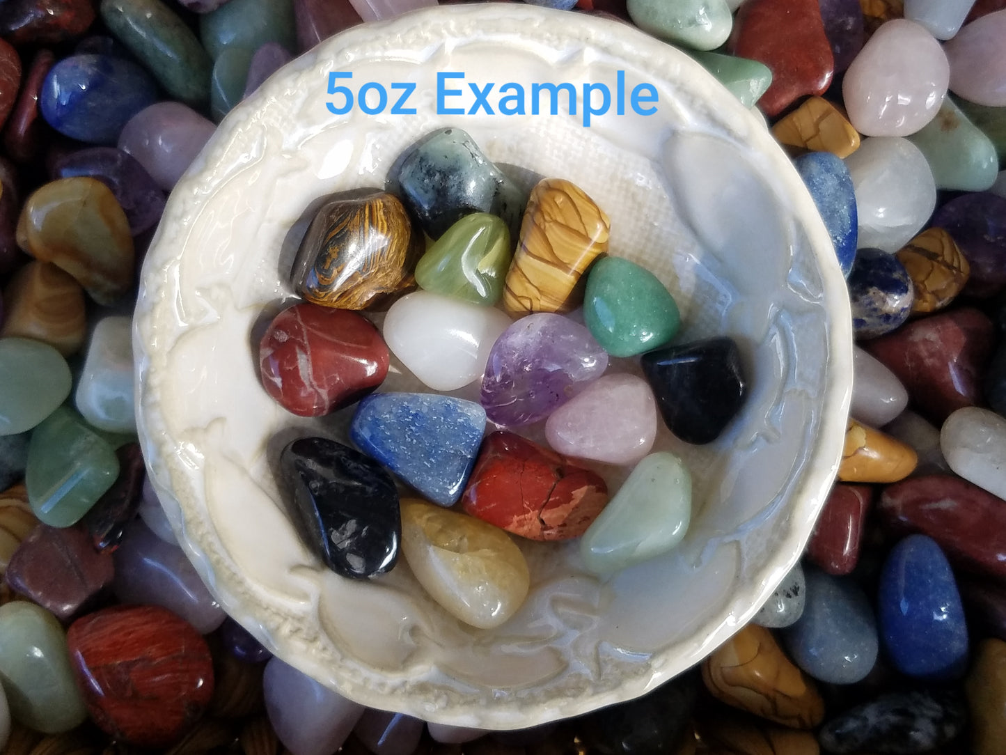 Kids Mystery Crystal Bag-Childhood Memories Collection stones in bowl for natural grounding overhead view on tumbled stones.