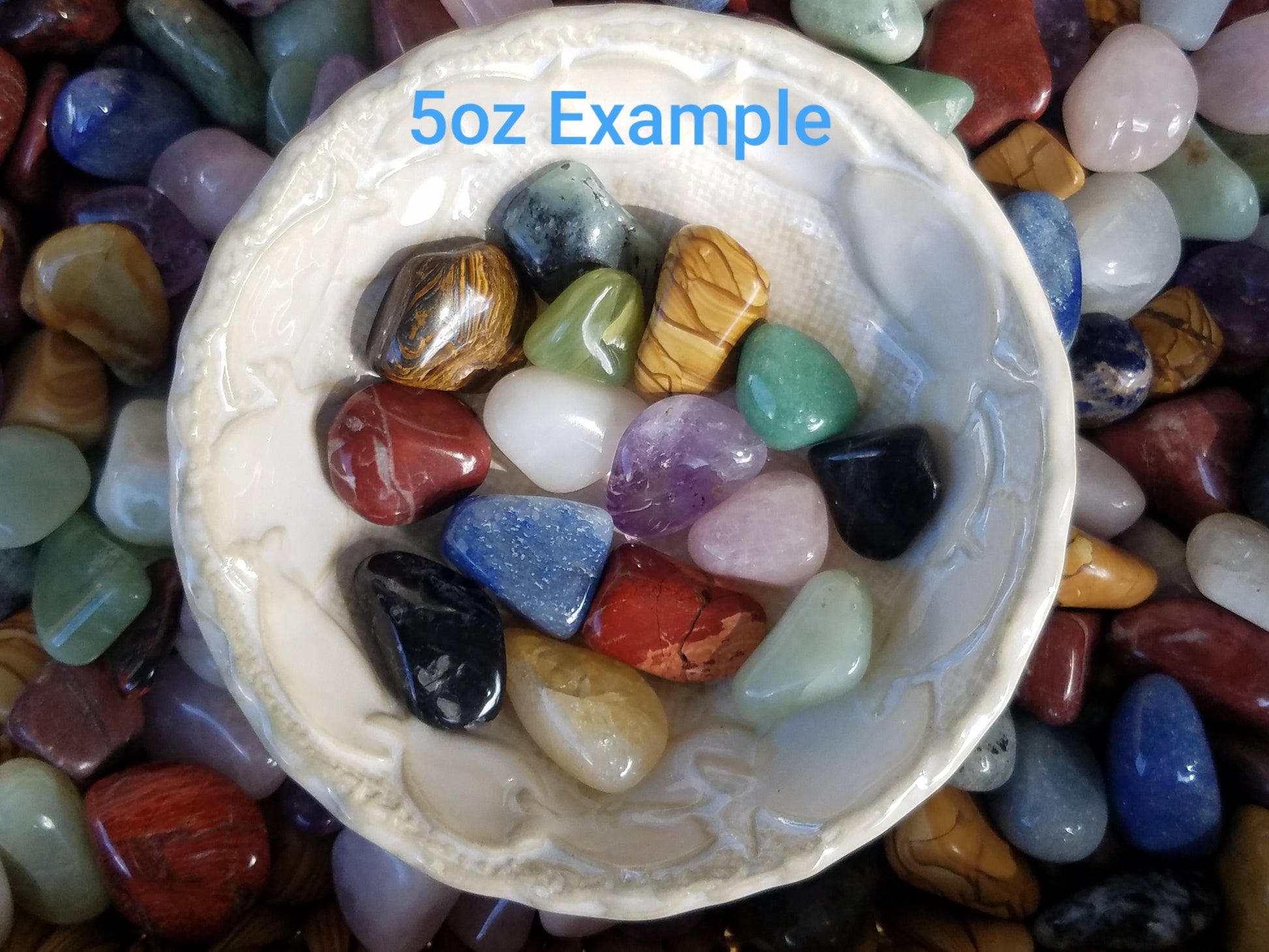 Kids Mystery Crystal Bag-Childhood Memories Collection stones in bowl for natural grounding overhead view on tumbled stones.