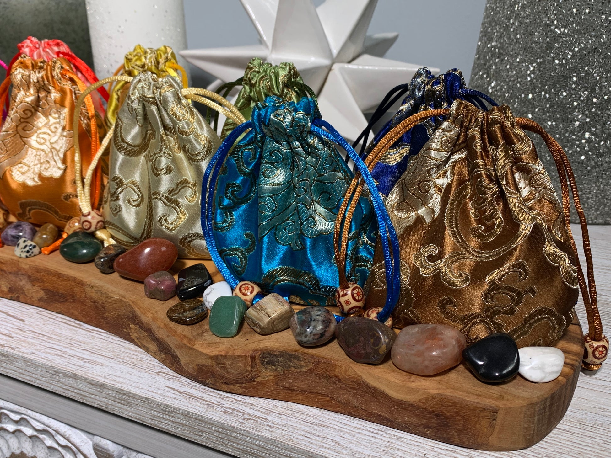 Kids Mystery Crystal Bag-Childhood Memories Collection for aura cleansing gemstone reiki energized with white gray floral background