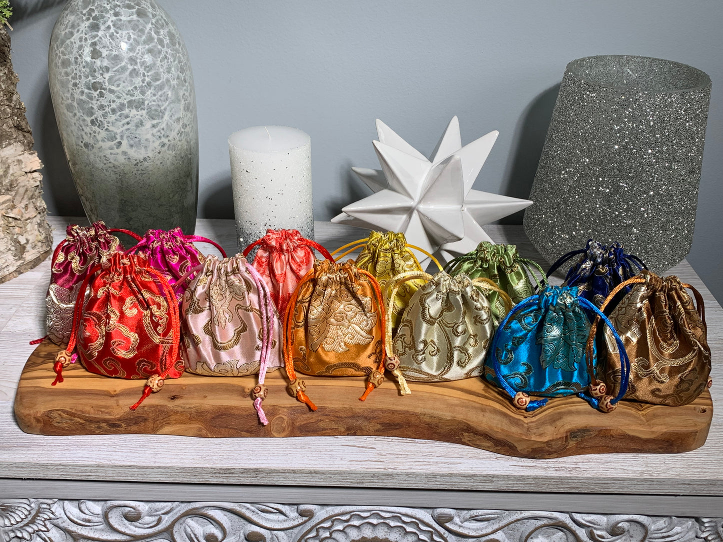 Kids Mystery Crystal Bags-Childhood Memories Collection for aura cleansing gemstone reiki energized with white gray floral background