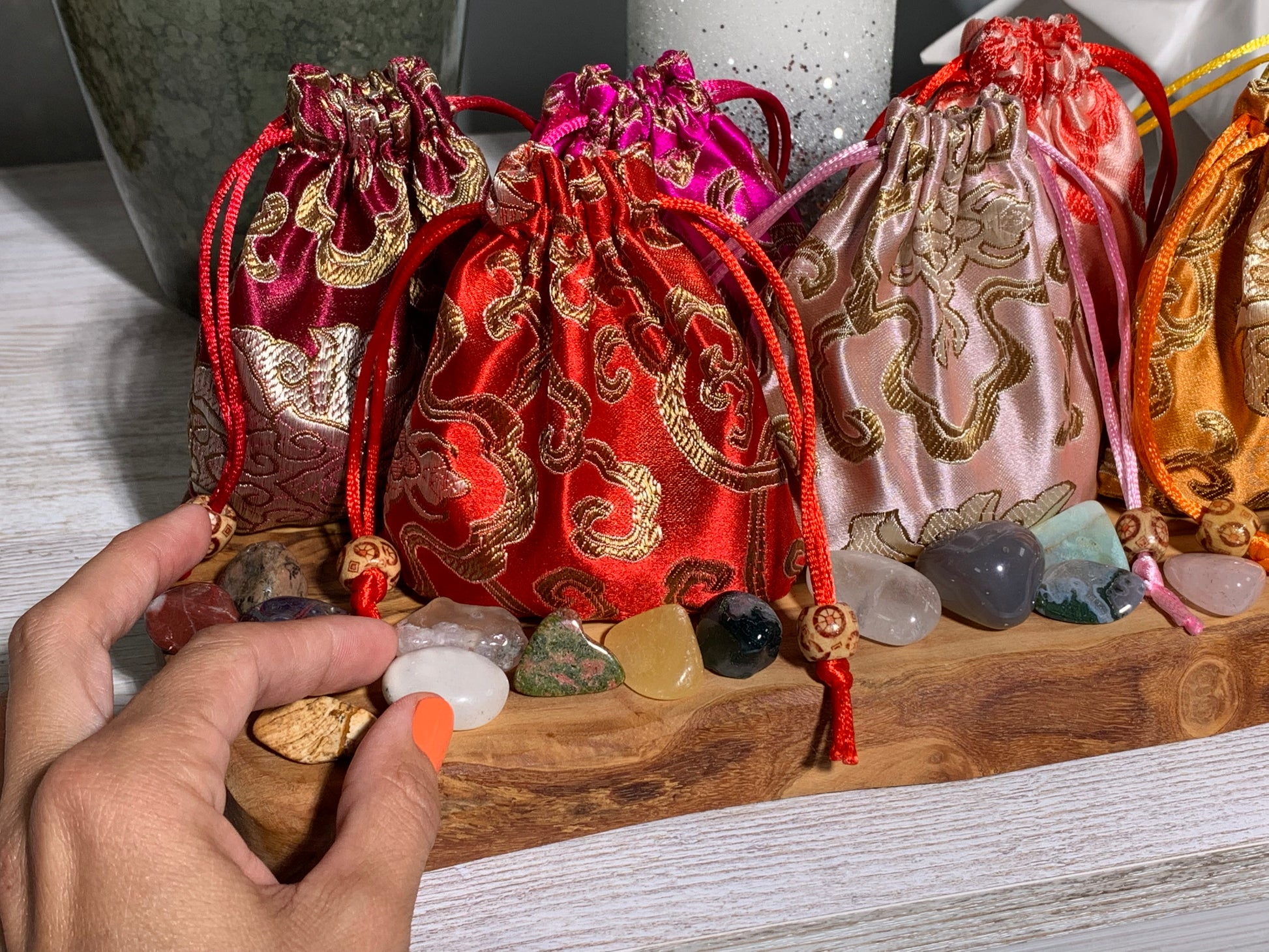 Kids Mystery Crystal Bag-Childhood Memories Collection for aura cleansing gemstone reiki energized on natural wood with white gray floral background