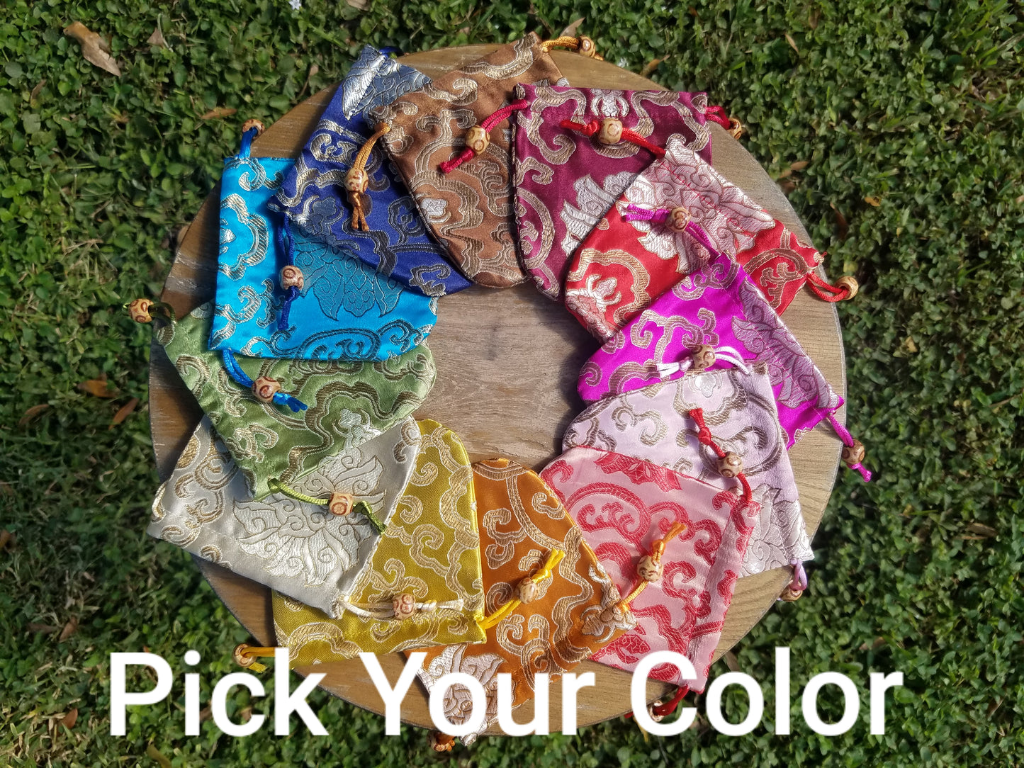 Kids Mystery Crystal Bag-Childhood Memories Collection bags for natural grounding overhead view on grass.