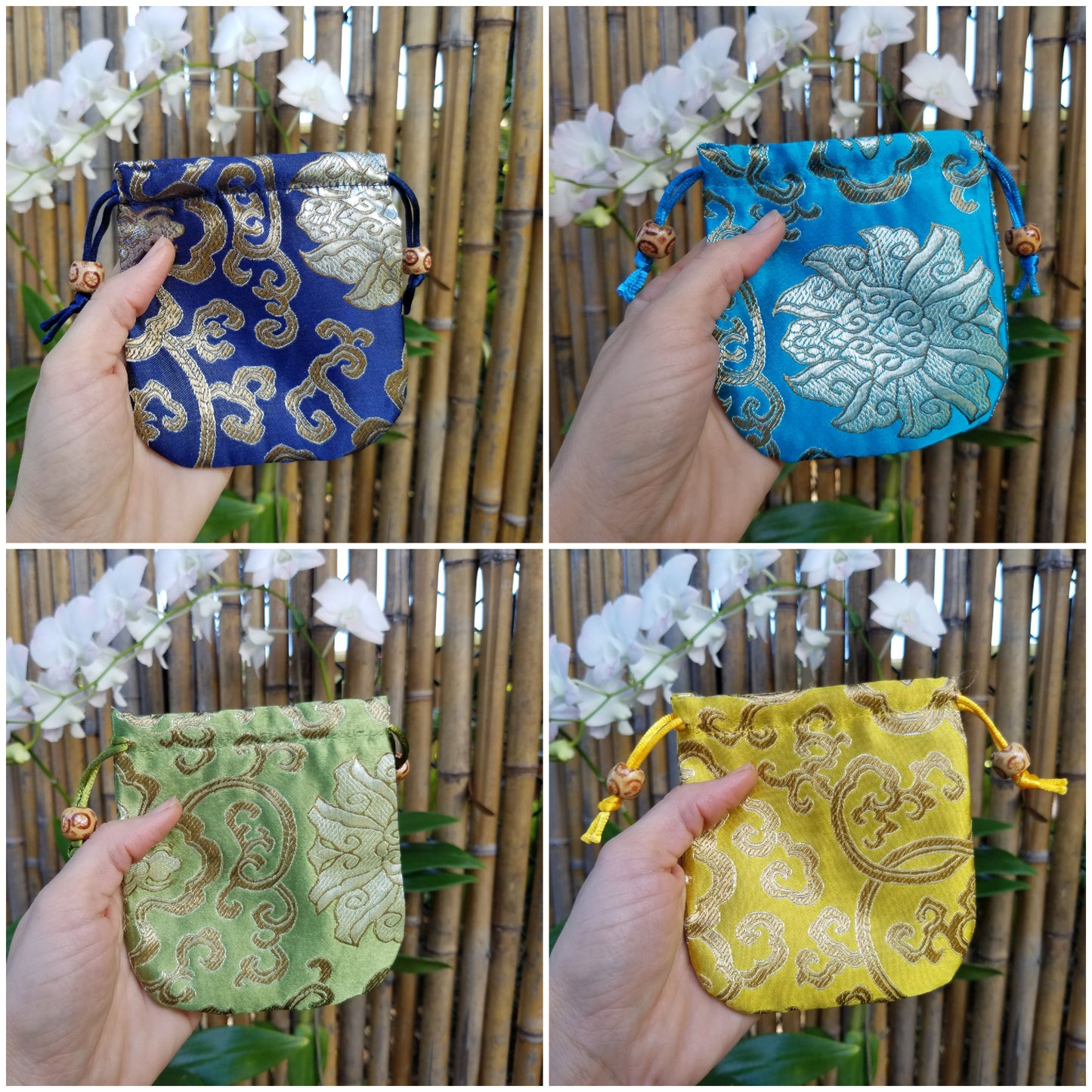 Hand holding Kids Mystery Crystal Bag-Childhood Memories Collection bags for natural grounding with bamboo and flower background