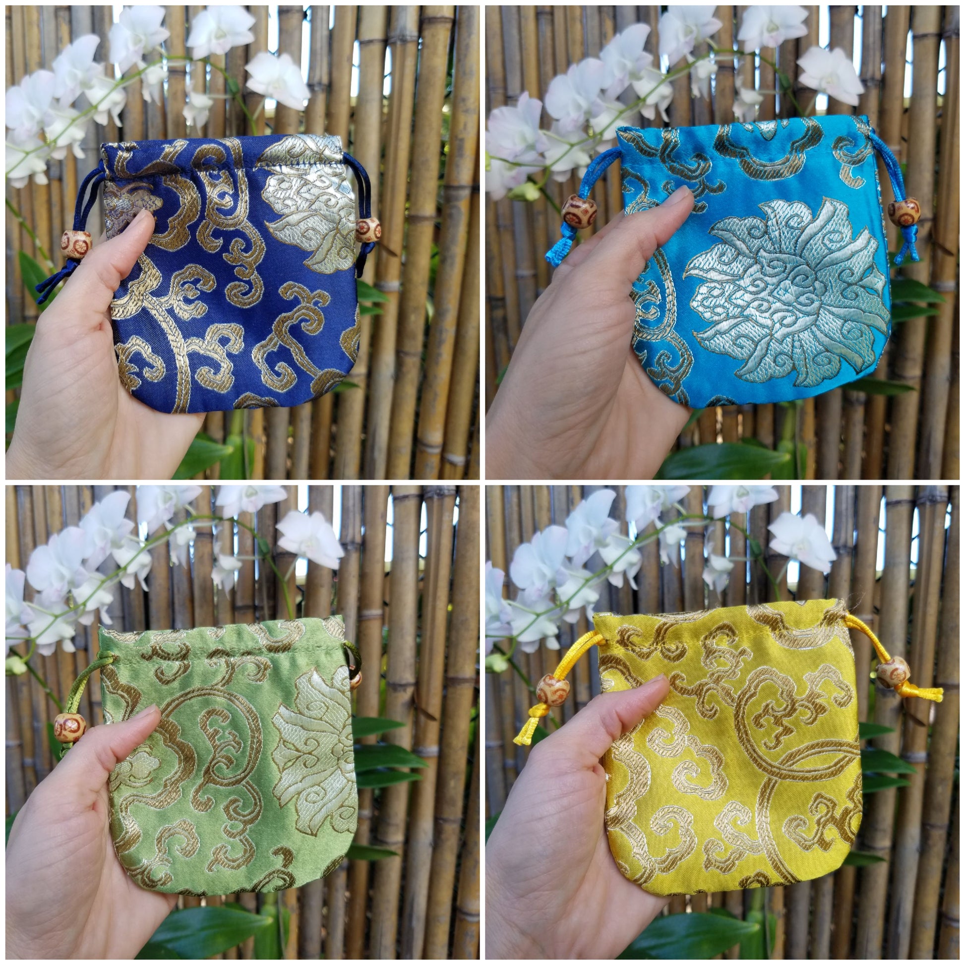 Hand holding Kids Mystery Crystal Bag-Childhood Memories Collection bags for natural grounding with bamboo and flower background