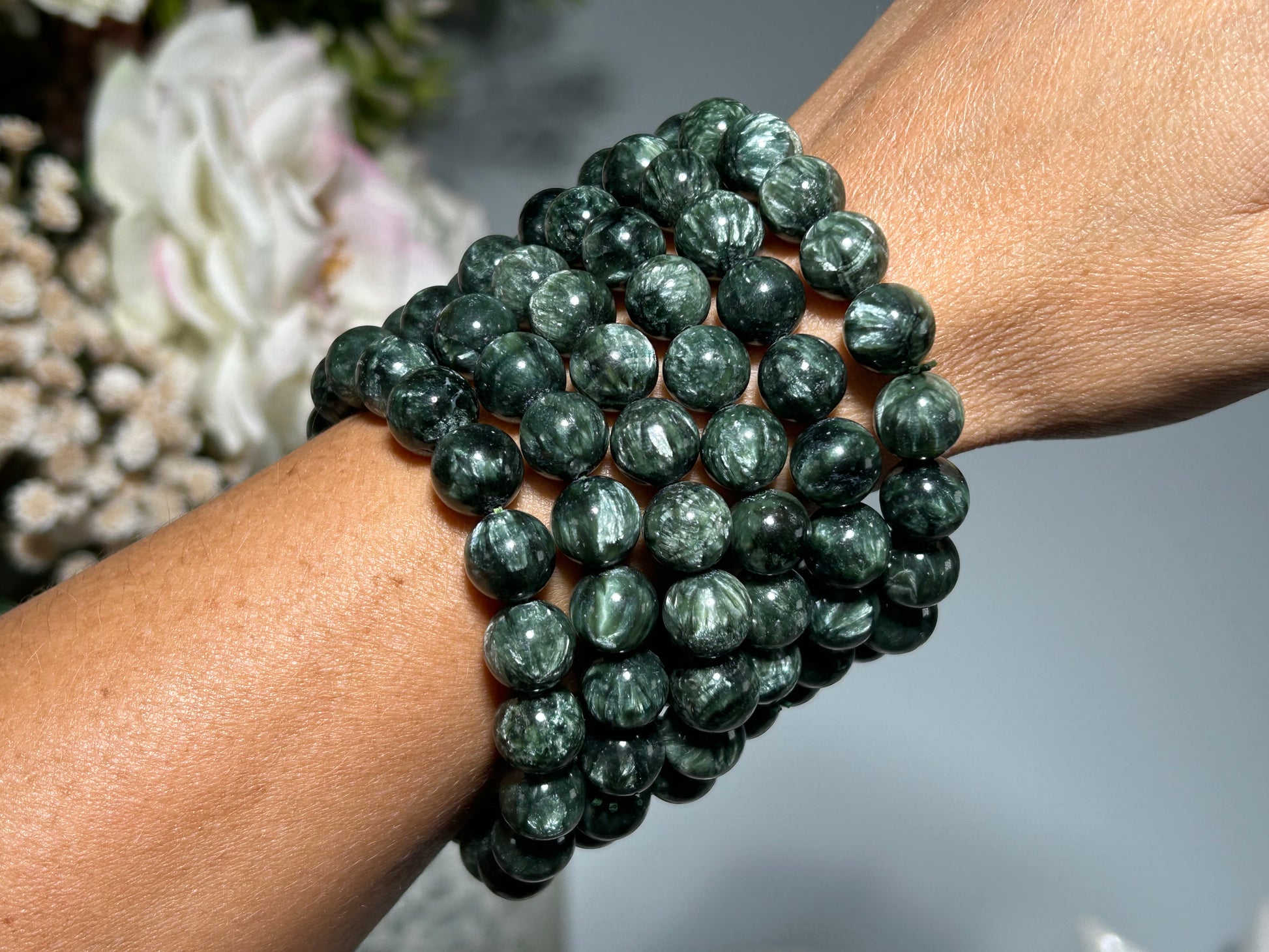 Natural Seraphinite gemstone bead bracelet spiritual growth intuition crystal jewelry