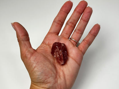 Hand holding Natural Cherry Quartz Tanzurine Chunk with white background.
