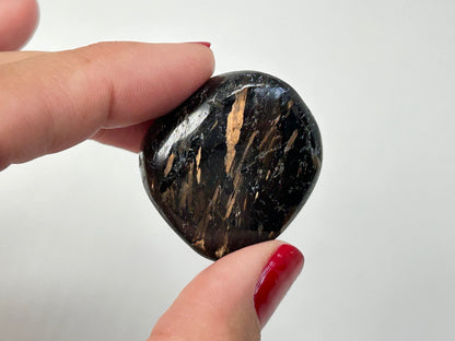 A polished black Nuummite Tumbled crystal with gold-colored inclusions, held between fingers against a plain light gray background.