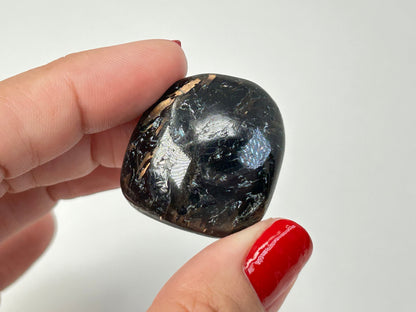 A hand with red nail polish holds a polished black Nuummite Tumbled crystal with natural gold veining against a plain white background.