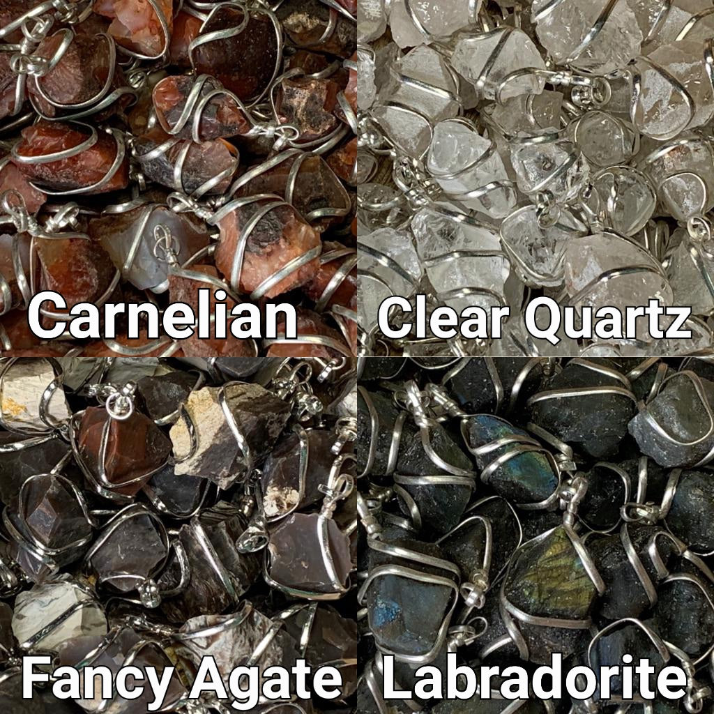Close ups of Raw Crystal Pendants That Call to You for meditation and energy work.