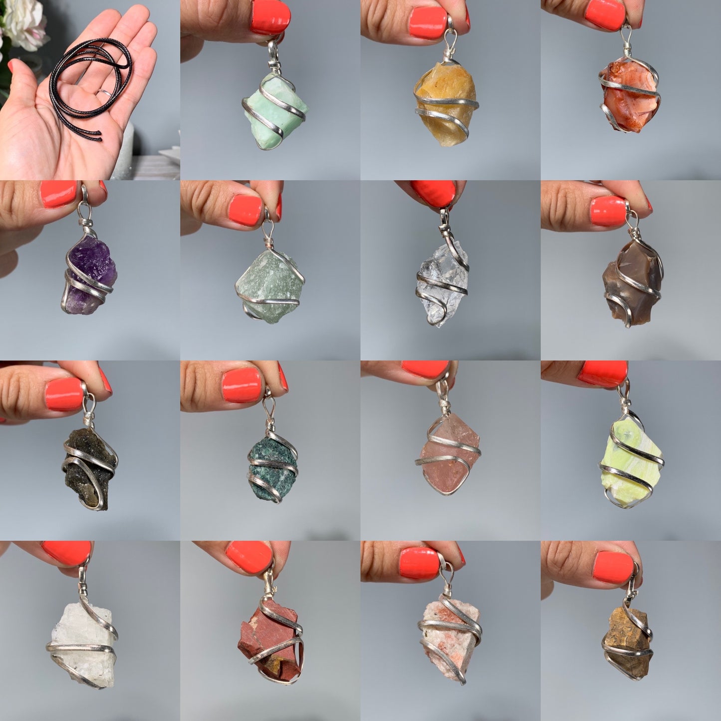 Close ups of hands holding Raw Crystal Pendants That Call to You for meditation and energy work.