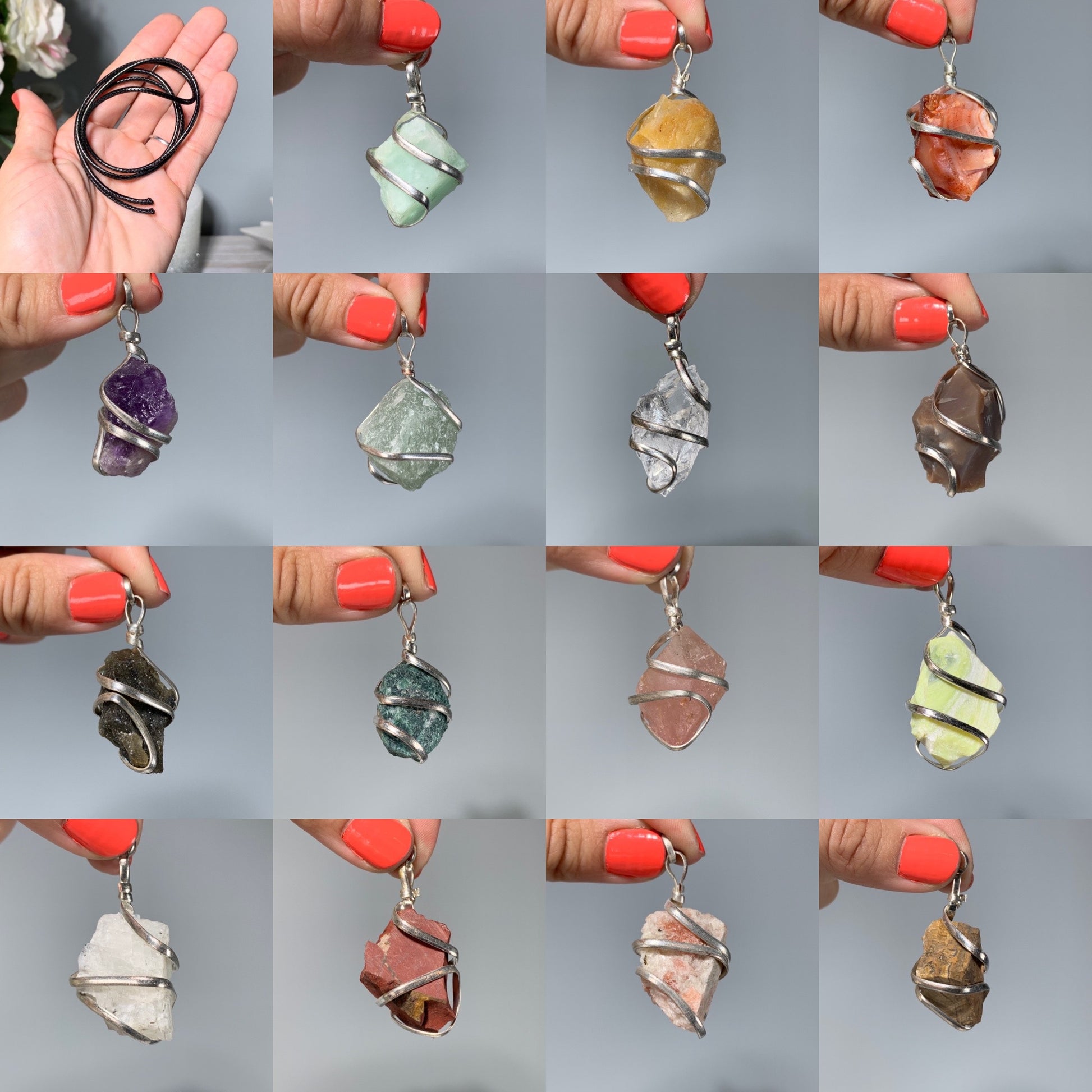 Close ups of hands holding Raw Crystal Pendants That Call to You for meditation and energy work.